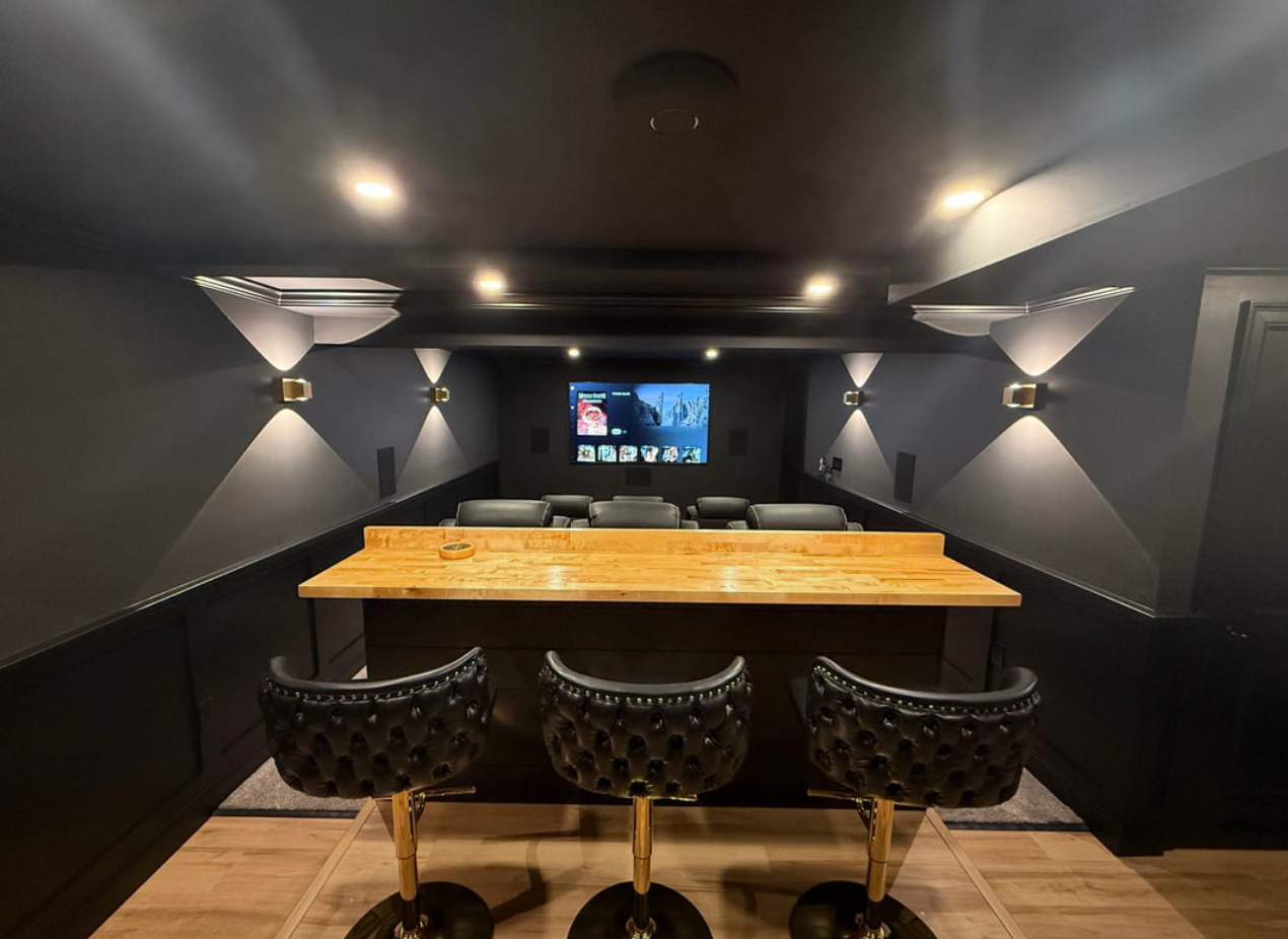 High end home theater with projector and surround sound with barstools
